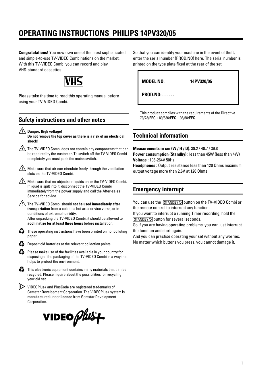 Technical information, Emergency interrupt | Philips TV-Video Combi 14PV320/05 User Manual | Page 4 / 24