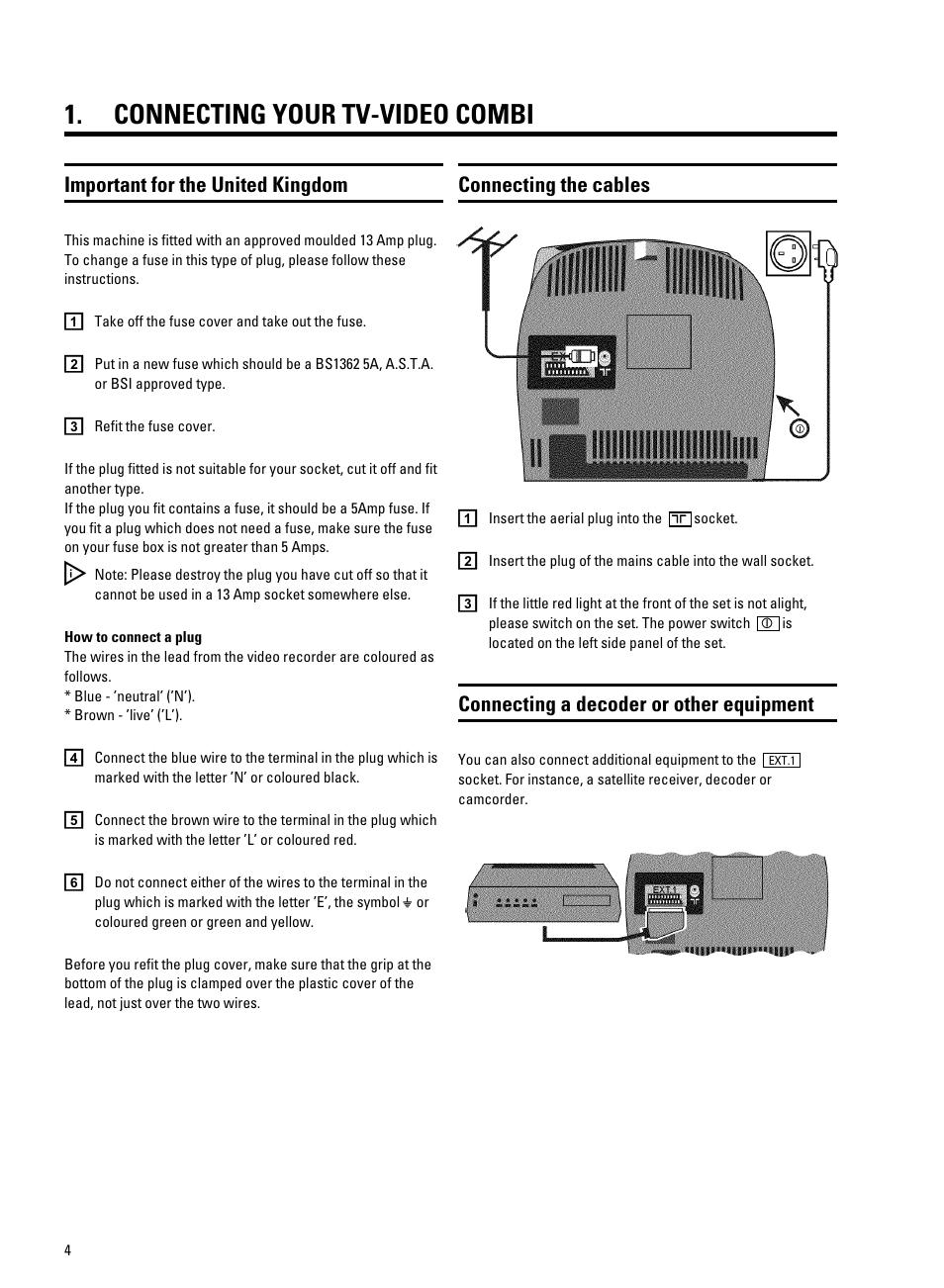 Connecting your tv-video combi, Connecting the cables, Connecting a decoder or other equipment | Important for the united kingdom | Philips TV-Video Combi 14PV320/05 User Manual | Page 6 / 24