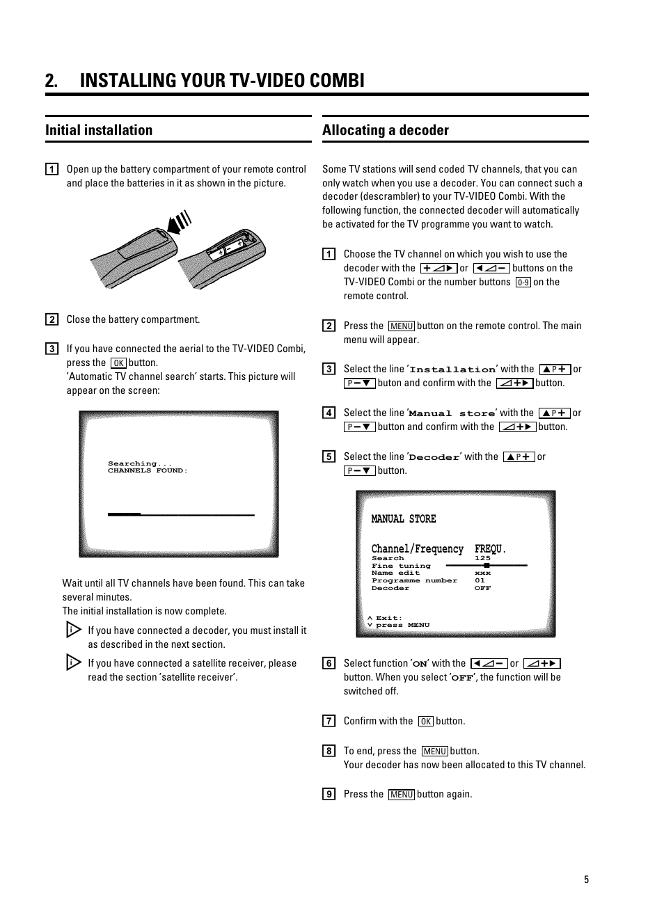 Installing your tv-video combi, Initial installation, Allocating a decoder | Philips TV-Video Combi 14PV320/05 User Manual | Page 7 / 24