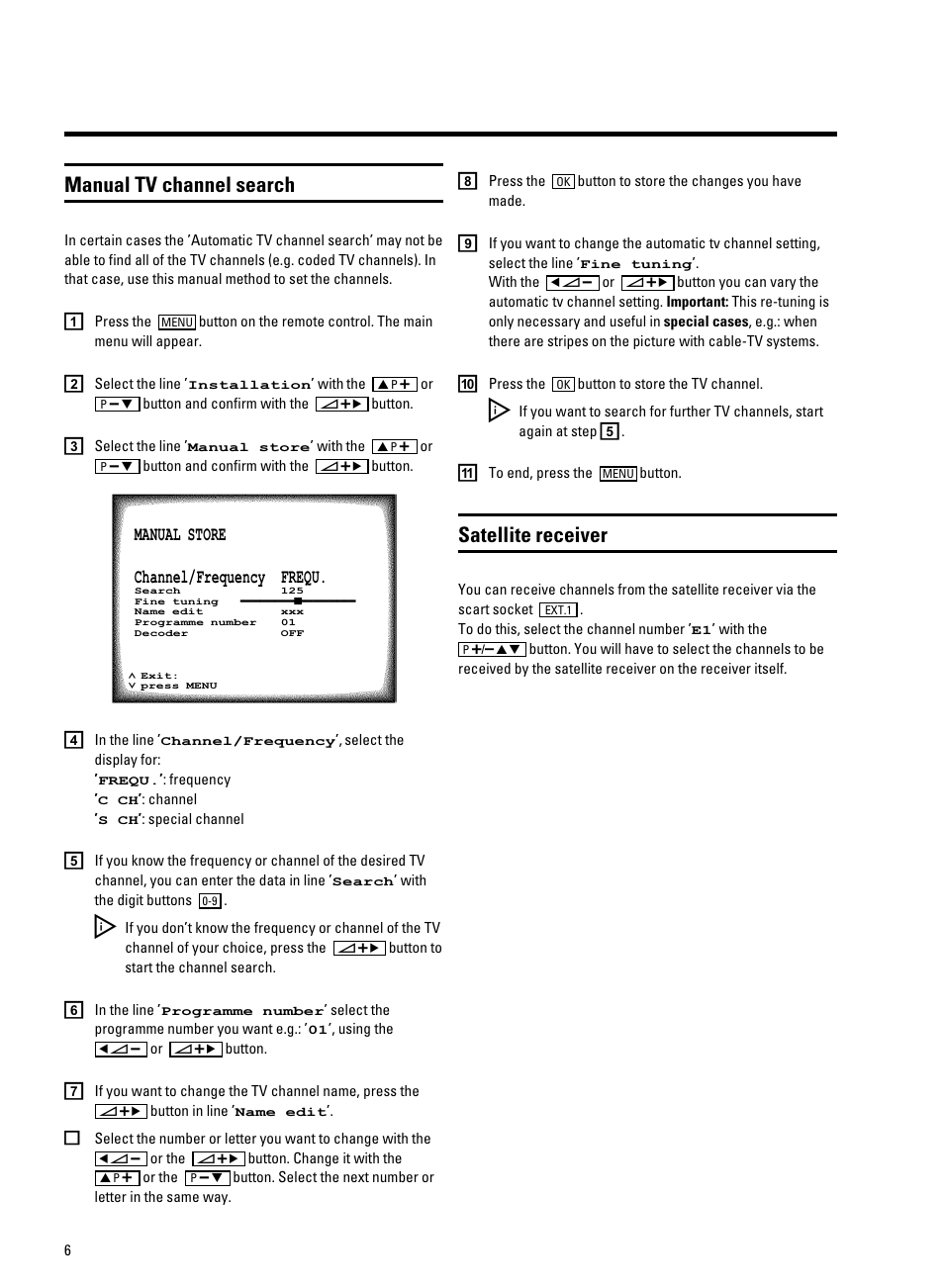 Manual tv channel search, Satellite receiver | Philips TV-Video Combi 14PV320/05 User Manual | Page 8 / 24