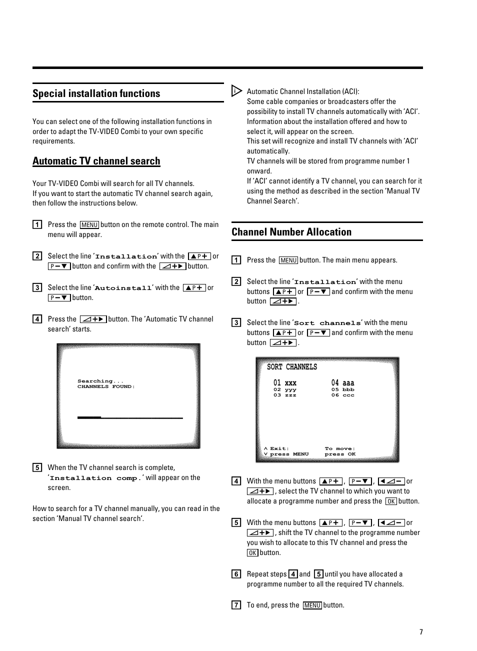 Special installation functions, Automatic tv channel search, Channel number allocation | Philips TV-Video Combi 14PV320/05 User Manual | Page 9 / 24