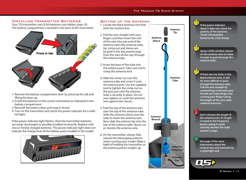 Installing transmitter batteries, Setting up the antenna | Philips E-Maxx 3905 User Manual | Page 11 / 28