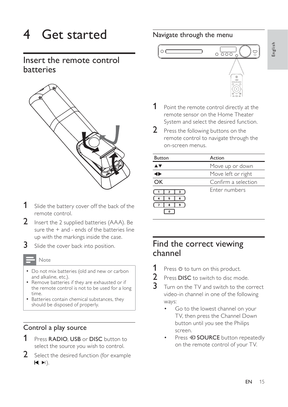 4 get started | Philips HTS3373 User Manual | Page 15 / 44