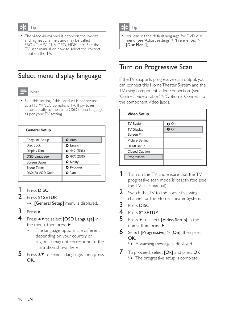 Turn on progressive scan, Select menu display language | Philips HTS3373 User Manual | Page 16 / 44