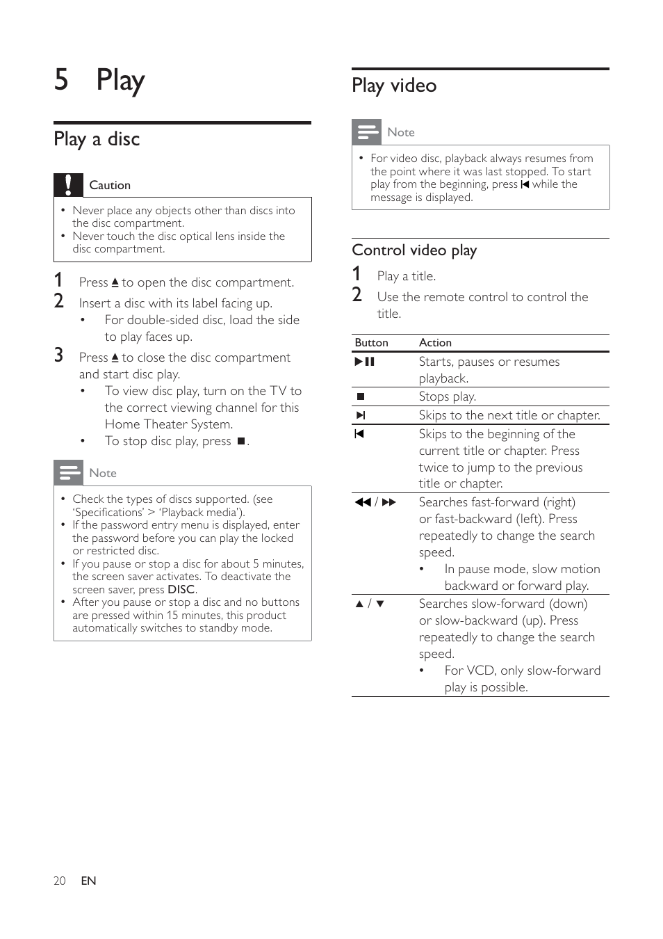 5 play, Play video, Play a disc | Philips HTS3373 User Manual | Page 20 / 44