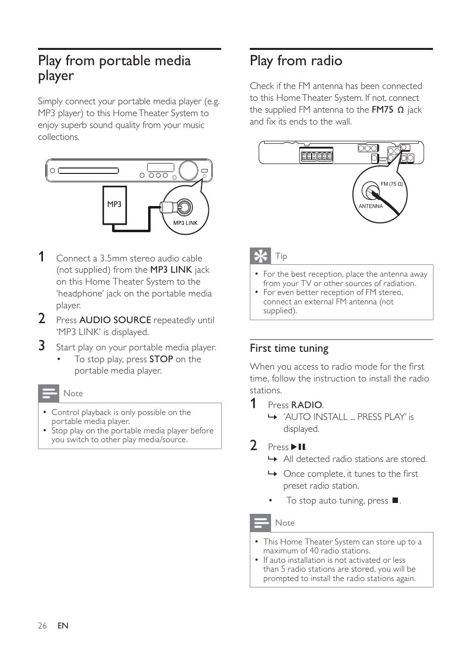 Play from radio, Play from portable media player | Philips HTS3373 User Manual | Page 26 / 44