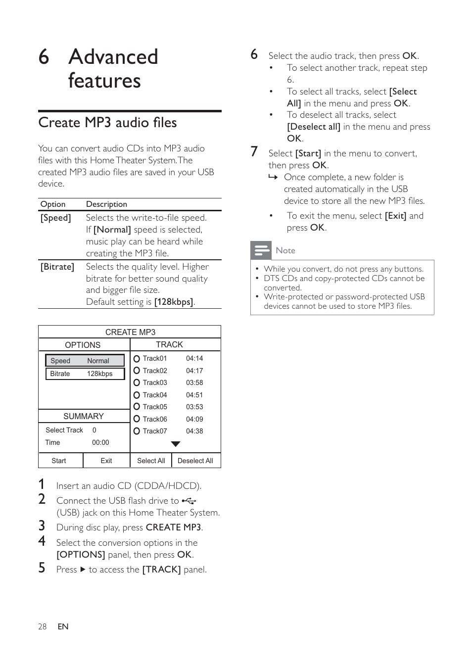 6 advanced features, Create mp3 audio à les | Philips HTS3373 User Manual | Page 28 / 44