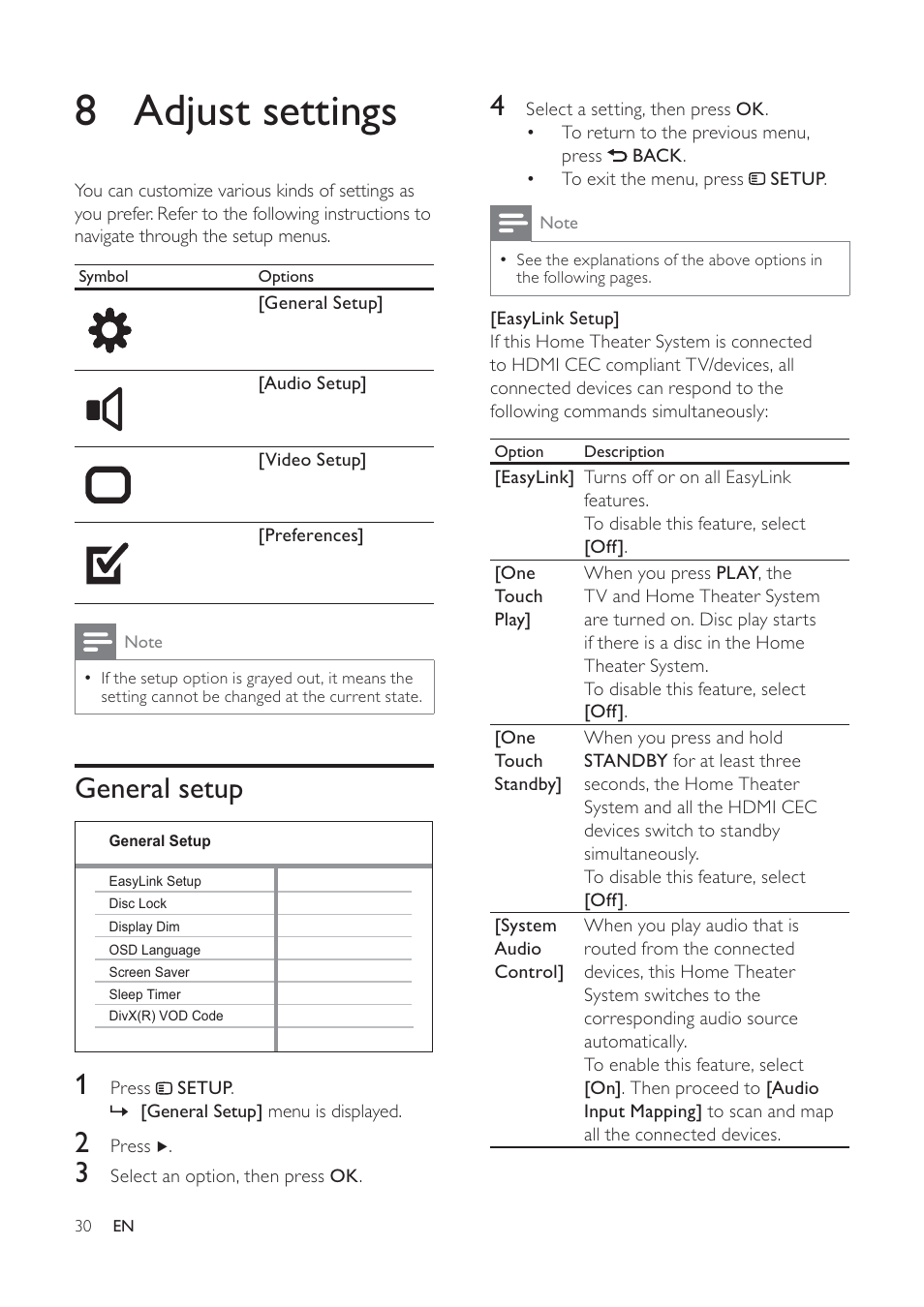 8 adjust settings | Philips HTS3373 User Manual | Page 30 / 44