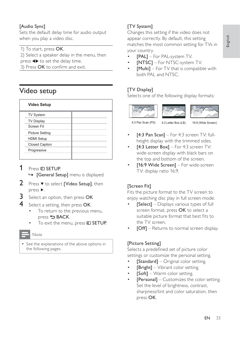 Video setup | Philips HTS3373 User Manual | Page 33 / 44