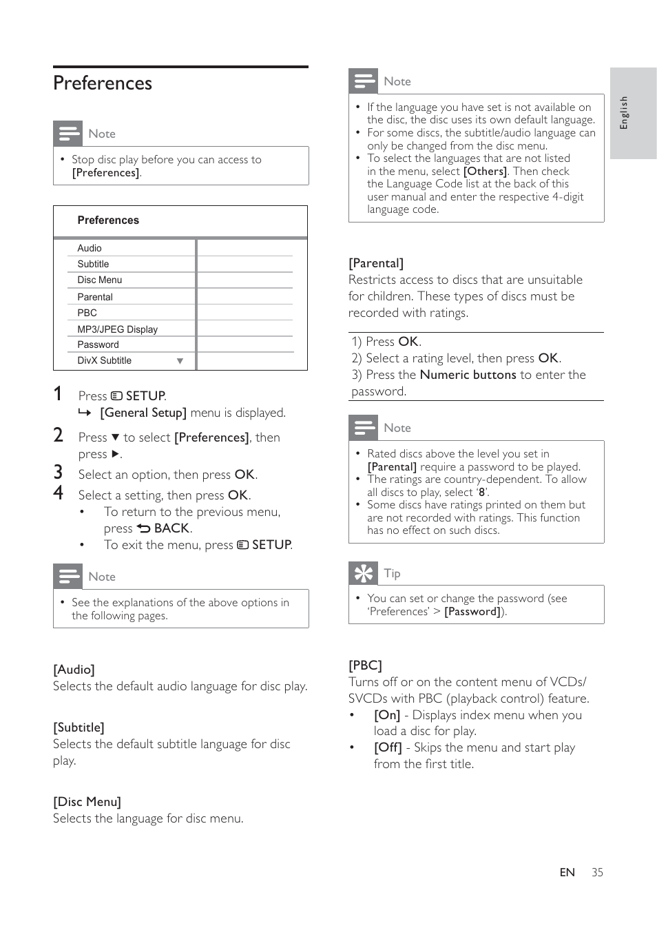 Preferences | Philips HTS3373 User Manual | Page 35 / 44