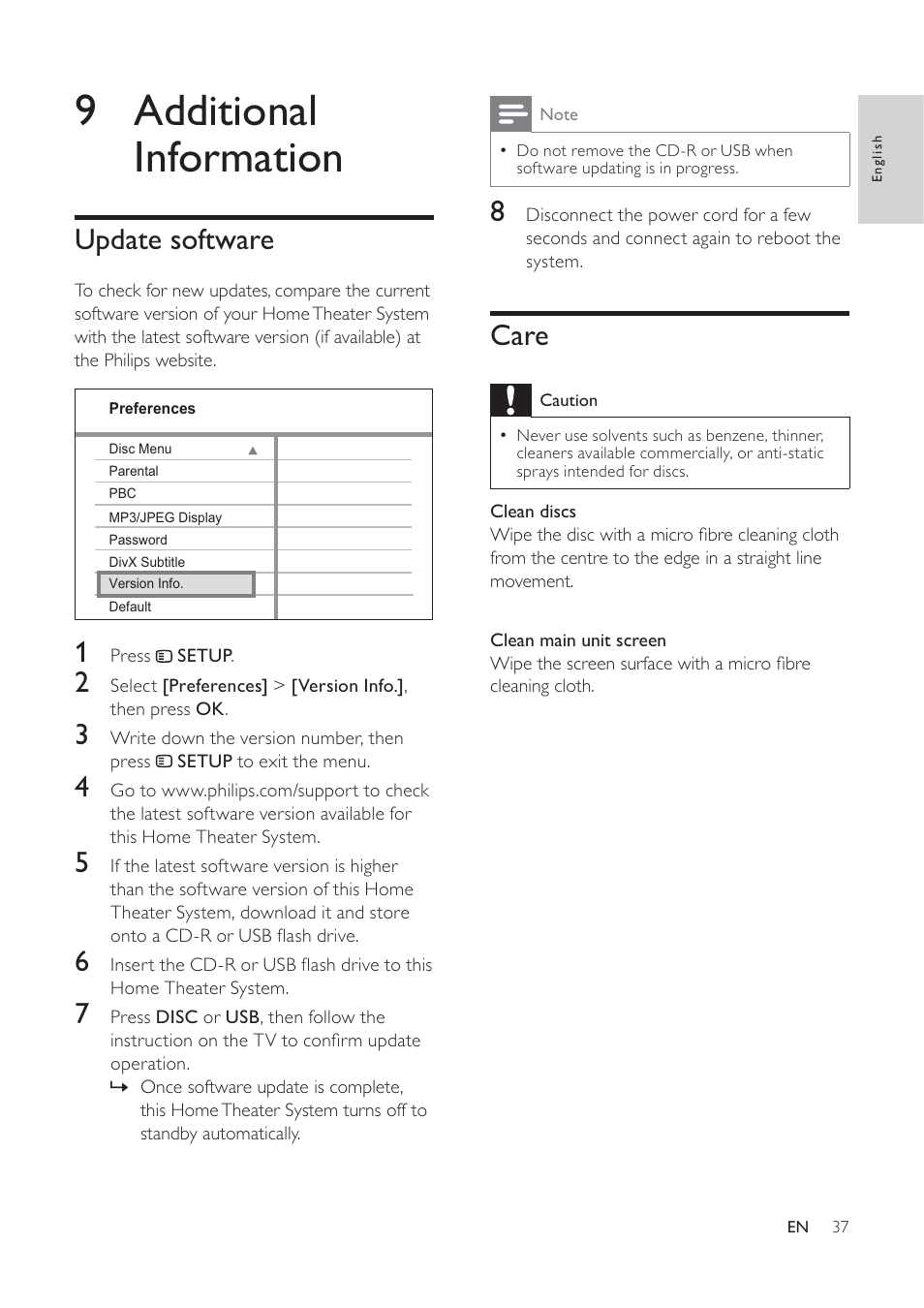 9 additional information, Care, Update software | Philips HTS3373 User Manual | Page 37 / 44