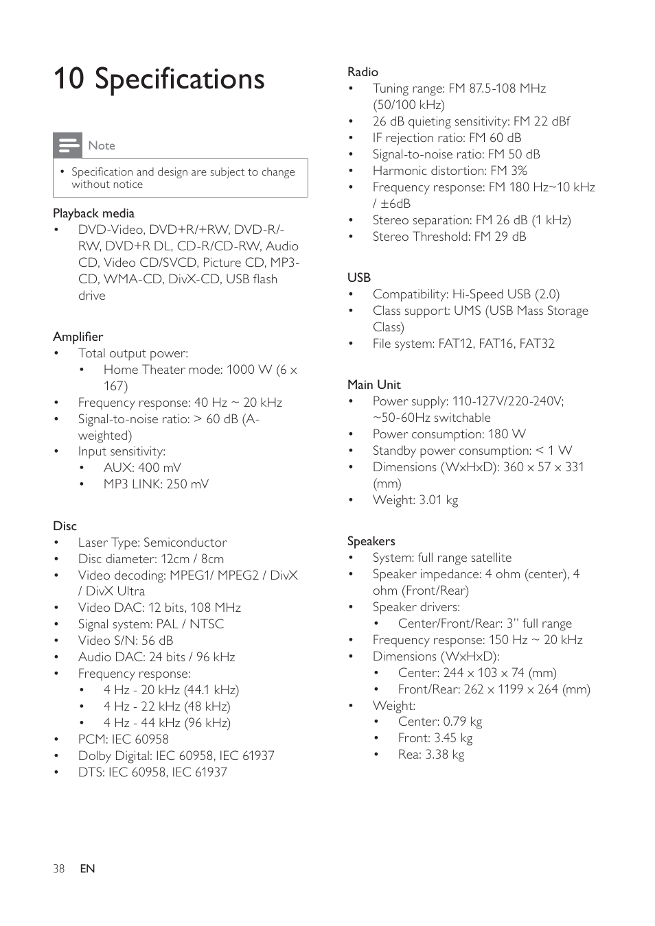 10 specifications | Philips HTS3373 User Manual | Page 38 / 44