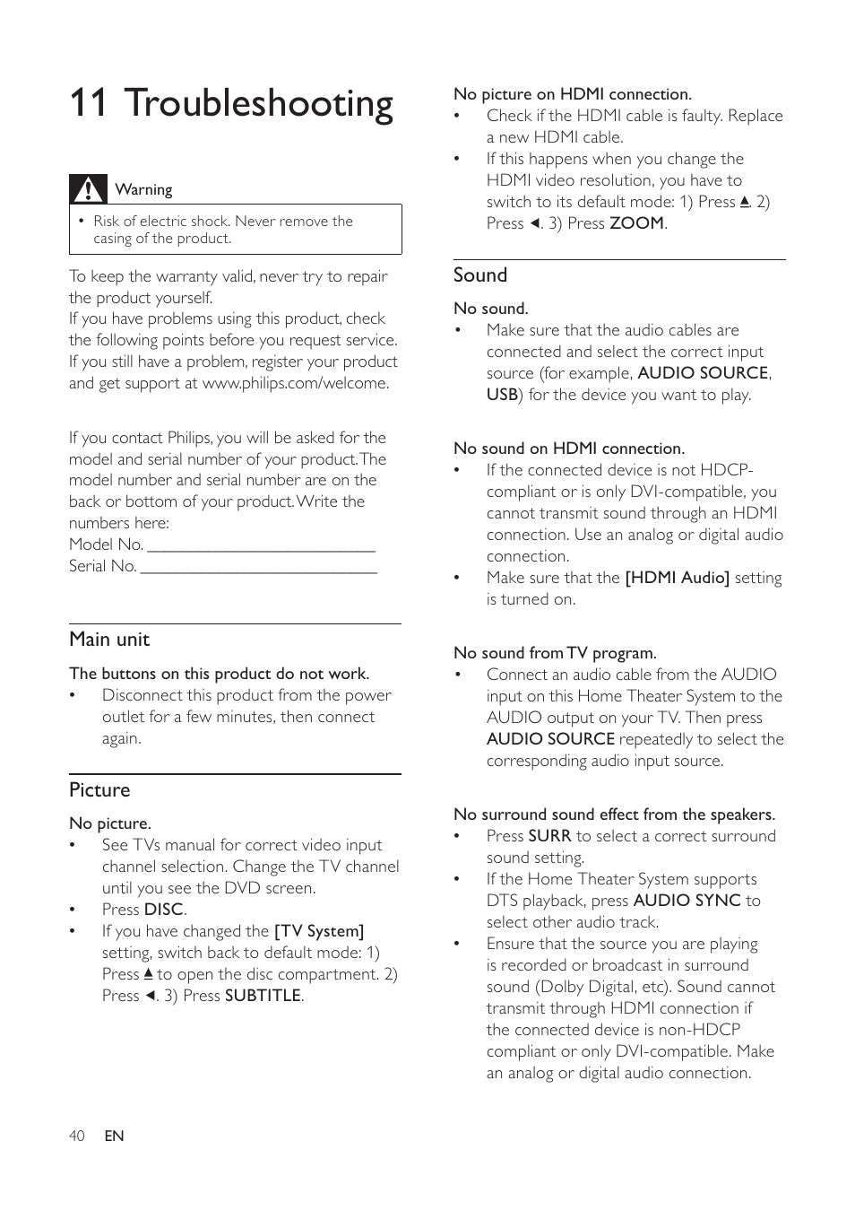 11 troubleshooting, Sound, Main unit | Picture | Philips HTS3373 User Manual | Page 40 / 44