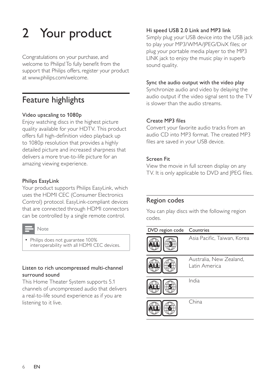 2 your product, Feature highlights | Philips HTS3373 User Manual | Page 6 / 44