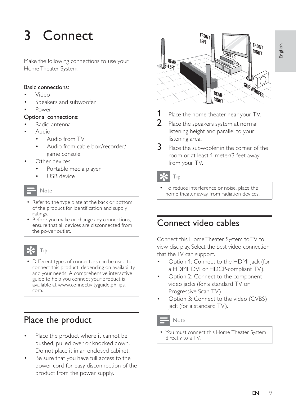 3 connect, Connect video cables, Place the product | Philips HTS3373 User Manual | Page 9 / 44