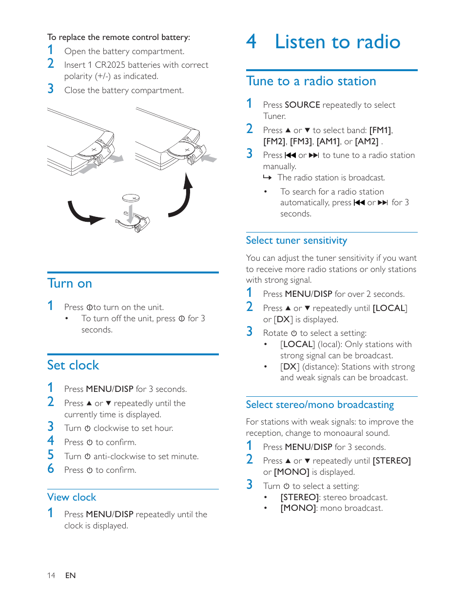 4 listen to radio, Tune to a radio station 1, Turn on 1 | Set clock 1 | Philips CEM200 User Manual | Page 13 / 25