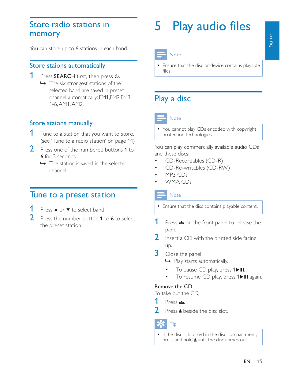 5 play audio files, Play a disc, Tune to a preset station 1 | Philips CEM200 User Manual | Page 14 / 25