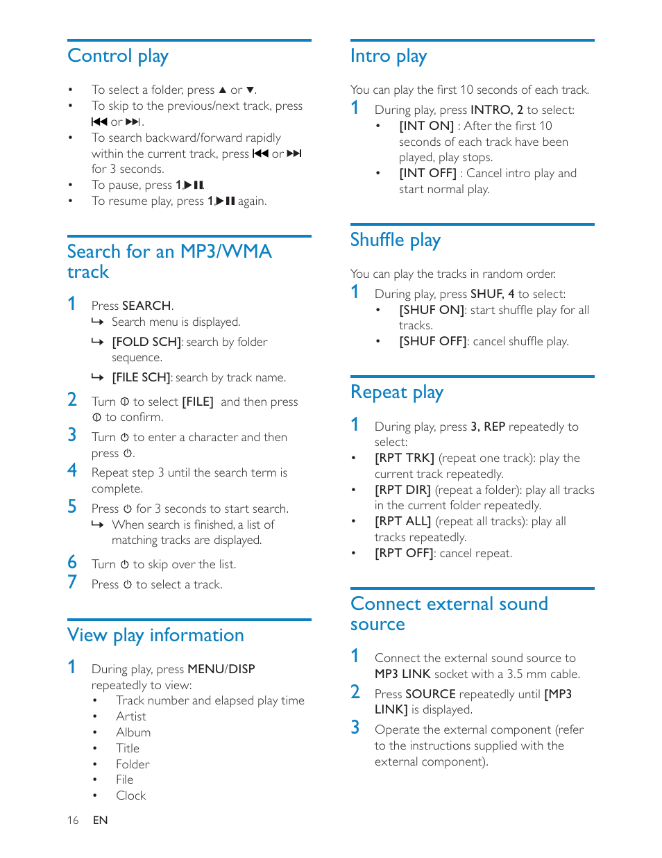 Intro play, 6kxiáhsod, Repeat play 1 | Connect external sound source 1, Control play, Search for an mp3/wma track 1, View play information 1 | Philips CEM200 User Manual | Page 15 / 25