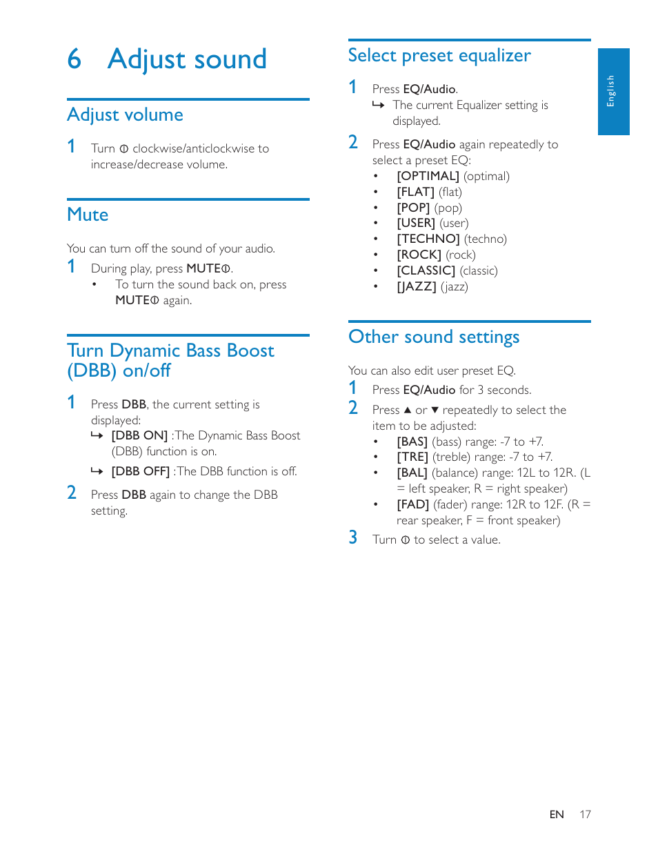 6 adjust sound, Select preset equalizer 1, Other sound settings | Adjust volume 1, Mute, Turn dynamic bass boost (dbb) on/off 1 | Philips CEM200 User Manual | Page 16 / 25