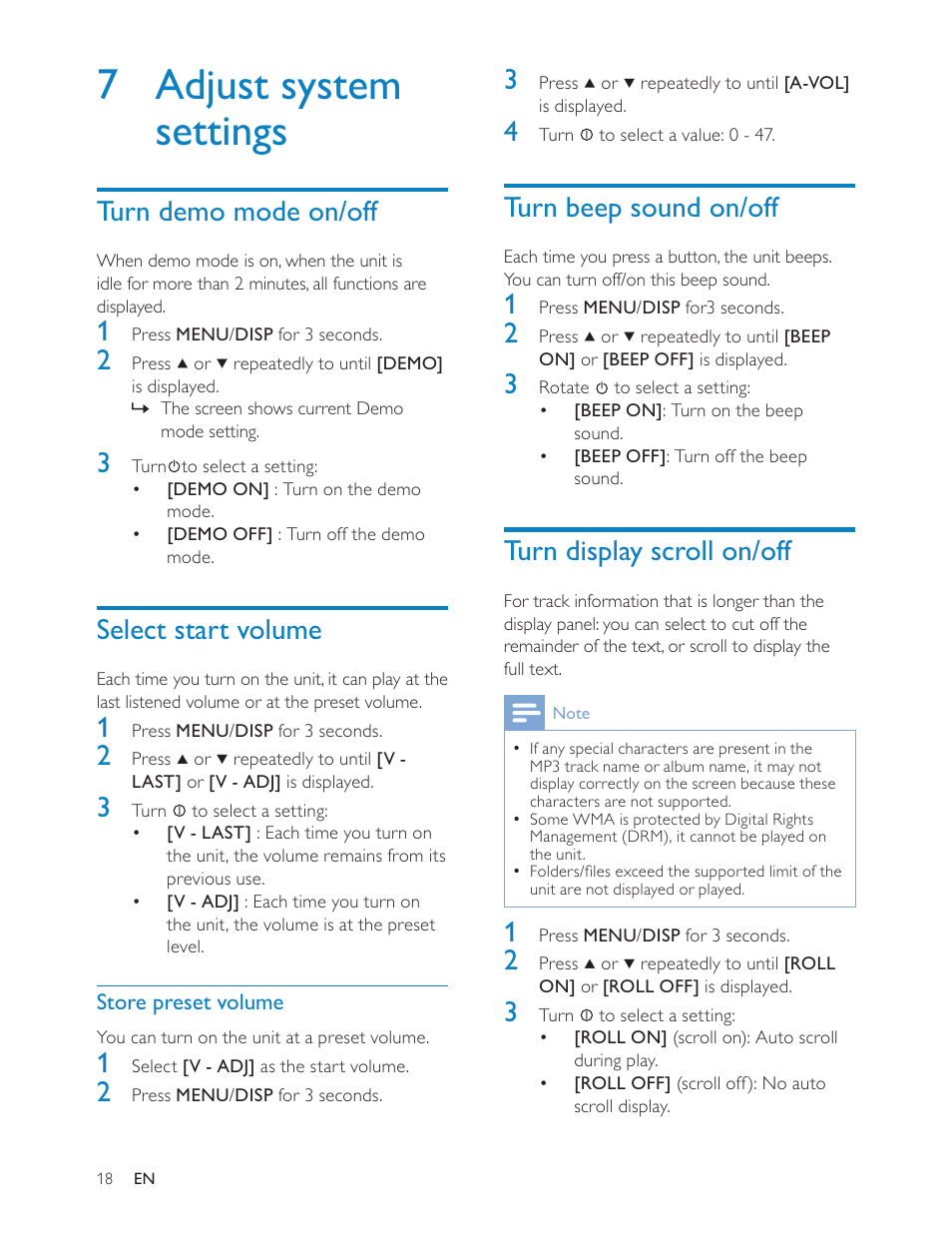 7 adjust system settings, Turn beep sound on/off, Turn display scroll on/off | Turn demo mode on/off, Select start volume | Philips CEM200 User Manual | Page 17 / 25