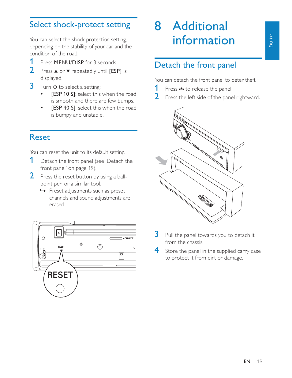 8 additional information, Detach the front panel, Select shock-protect setting | Reset | Philips CEM200 User Manual | Page 18 / 25