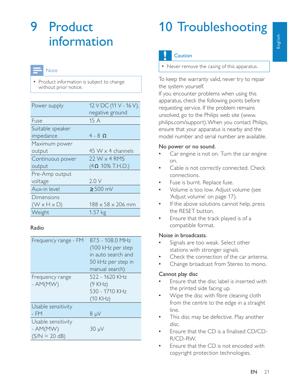 10 troubleshooting, 9 product information | Philips CEM200 User Manual | Page 20 / 25
