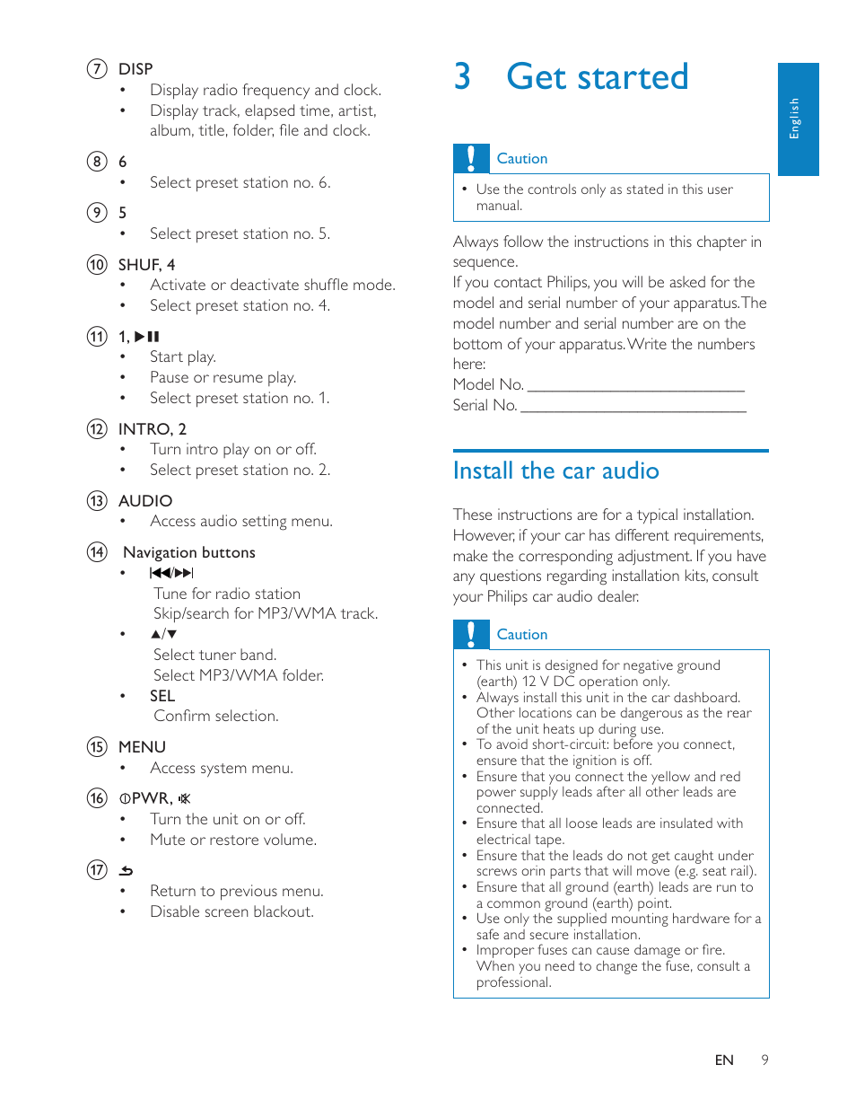 3 get started, Install the car audio | Philips CEM200 User Manual | Page 8 / 25