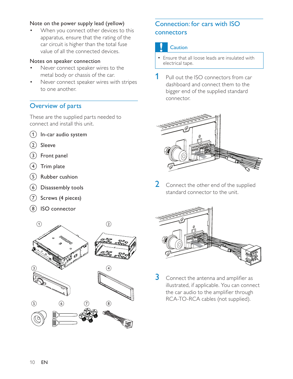 Connection: for cars with iso connectors, Overview of parts | Philips CEM200 User Manual | Page 9 / 25