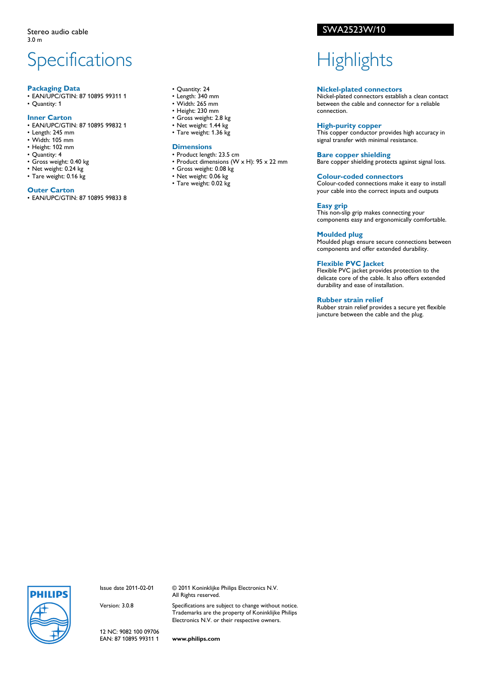 Specifications, Highlights | Philips SWA2523W/10 User Manual | Page 2 / 2