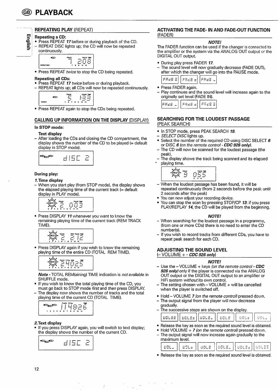 Repeating play (repeat), Text display, Activating the fade- in and fade-out function | Searching for the loudest passage, Adjusting the sound level, I|) playback | Philips CDC926 User Manual | Page 12 / 20