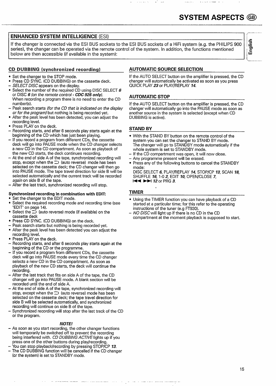 Cd dubbing (synchronized recording), Automatic source selection, Automatic stop | Stand by, Timer, System aspects, Enhanced system intelligence, Esi) | Philips CDC926 User Manual | Page 15 / 20