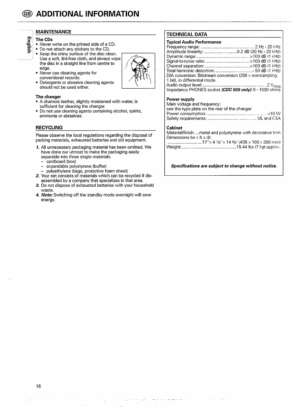 Maintenance, Recycling, Additional information | Philips CDC926 User Manual | Page 16 / 20