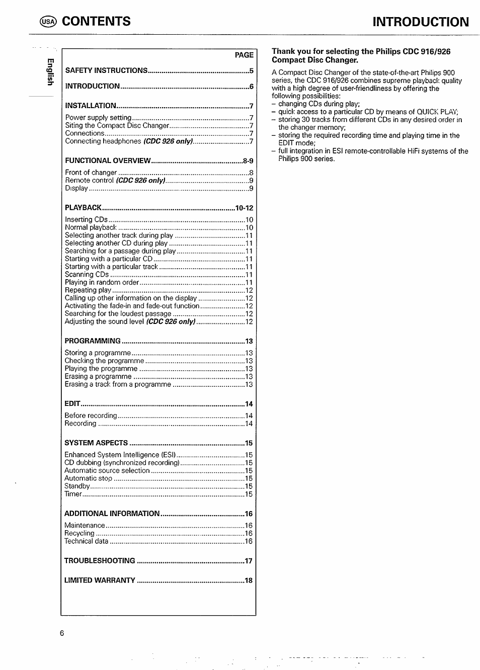 Contents introduction | Philips CDC926 User Manual | Page 6 / 20