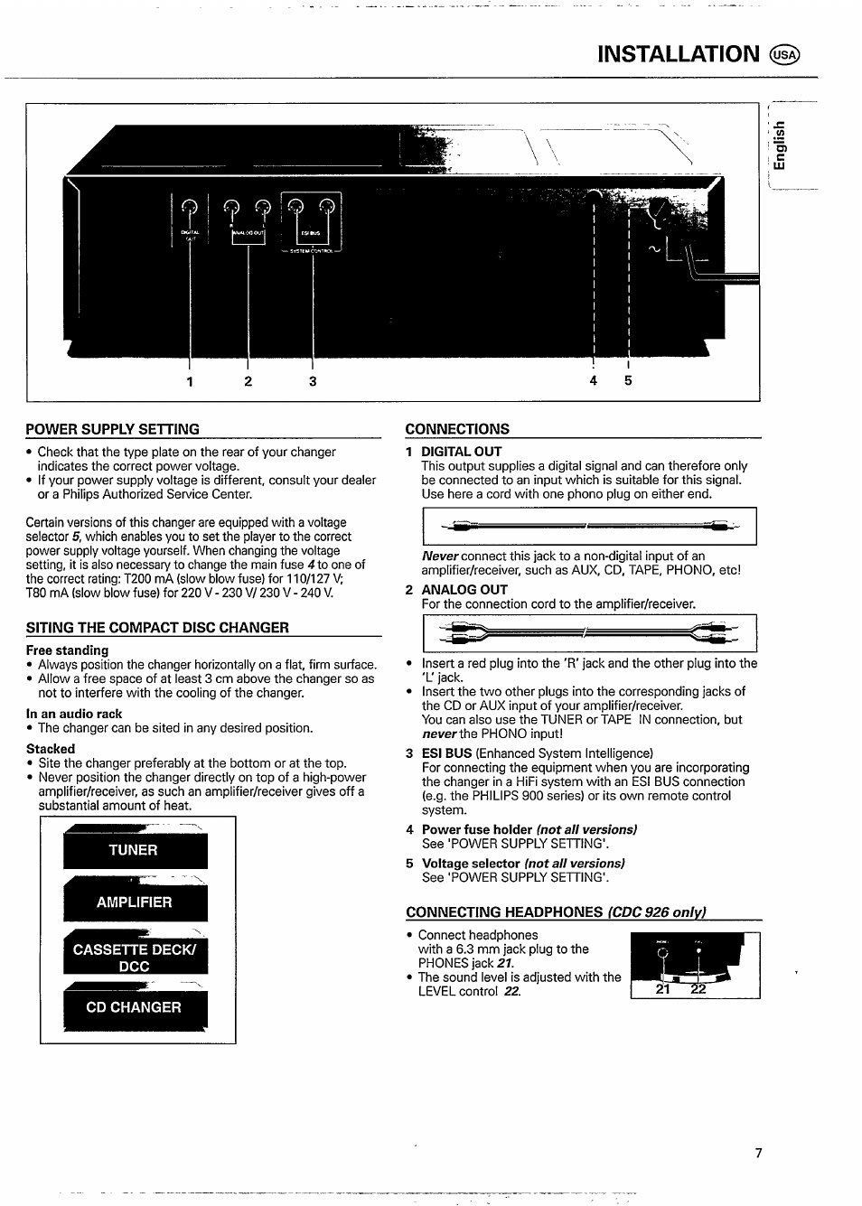 Siting the compact disc changer, Installation | Philips CDC926 User Manual | Page 7 / 20