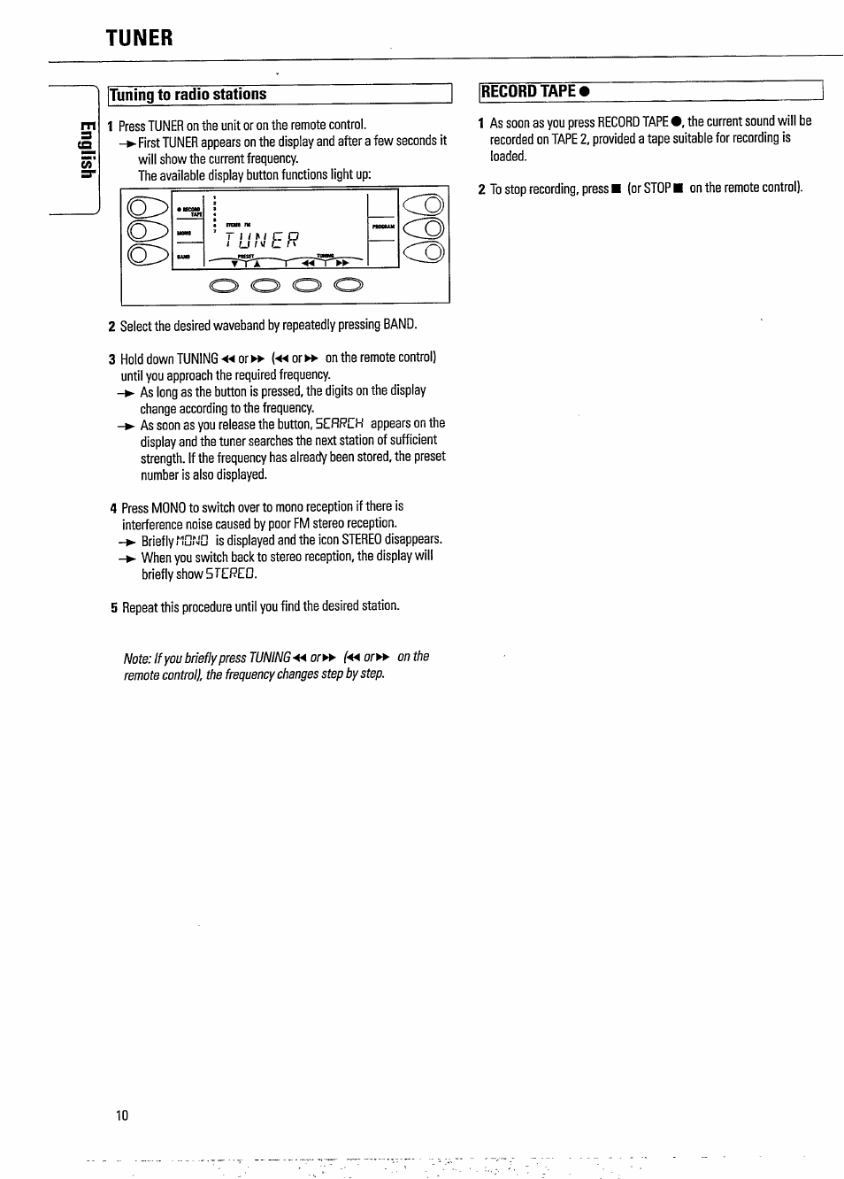 Tuner, Tuning to radio stations, Tuner /11 | Tuning to radio stations record tape i | Philips FW620C User Manual | Page 10 / 24