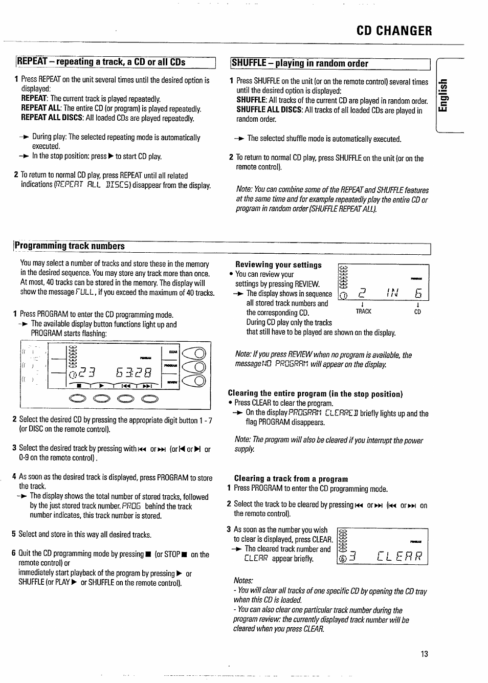 Cd changer, Repeat - repeating a track, a cd or all cds, Programming track numbers | Track | Philips FW620C User Manual | Page 13 / 24