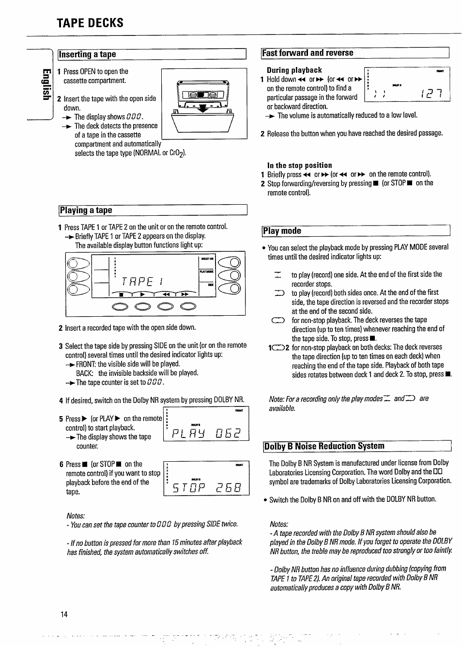 Inserting a tape, Fast forward and reverse, Playing a tape | Play mode, Tape decks, Inserting a tape fast forward and reverse m, C t n o, Е б в, Dolby в noise reduction system | Philips FW620C User Manual | Page 14 / 24