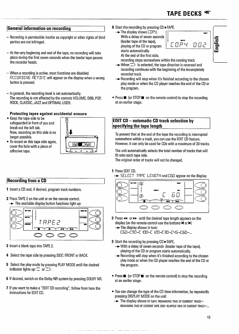 General information on recording, Recording from a cd, Tape decks | П п о, Turn, Time of, Tape side-eiapsed time of current track | Philips FW620C User Manual | Page 15 / 24