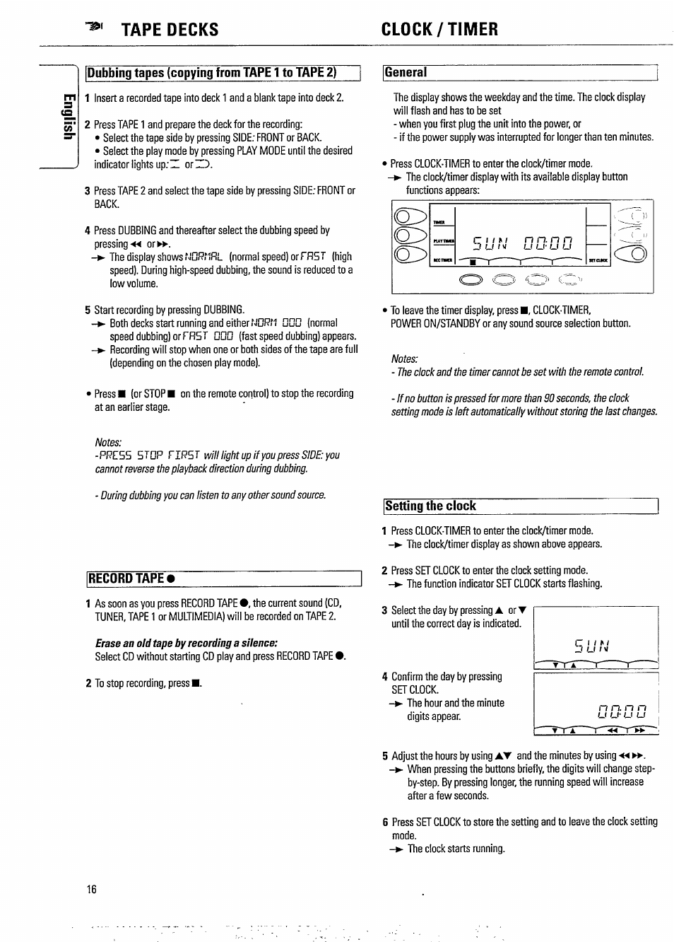 Dubbing tapes (copying from tape 1 to tape 2), General, Tape decks clock/timer | Philips FW620C User Manual | Page 16 / 24