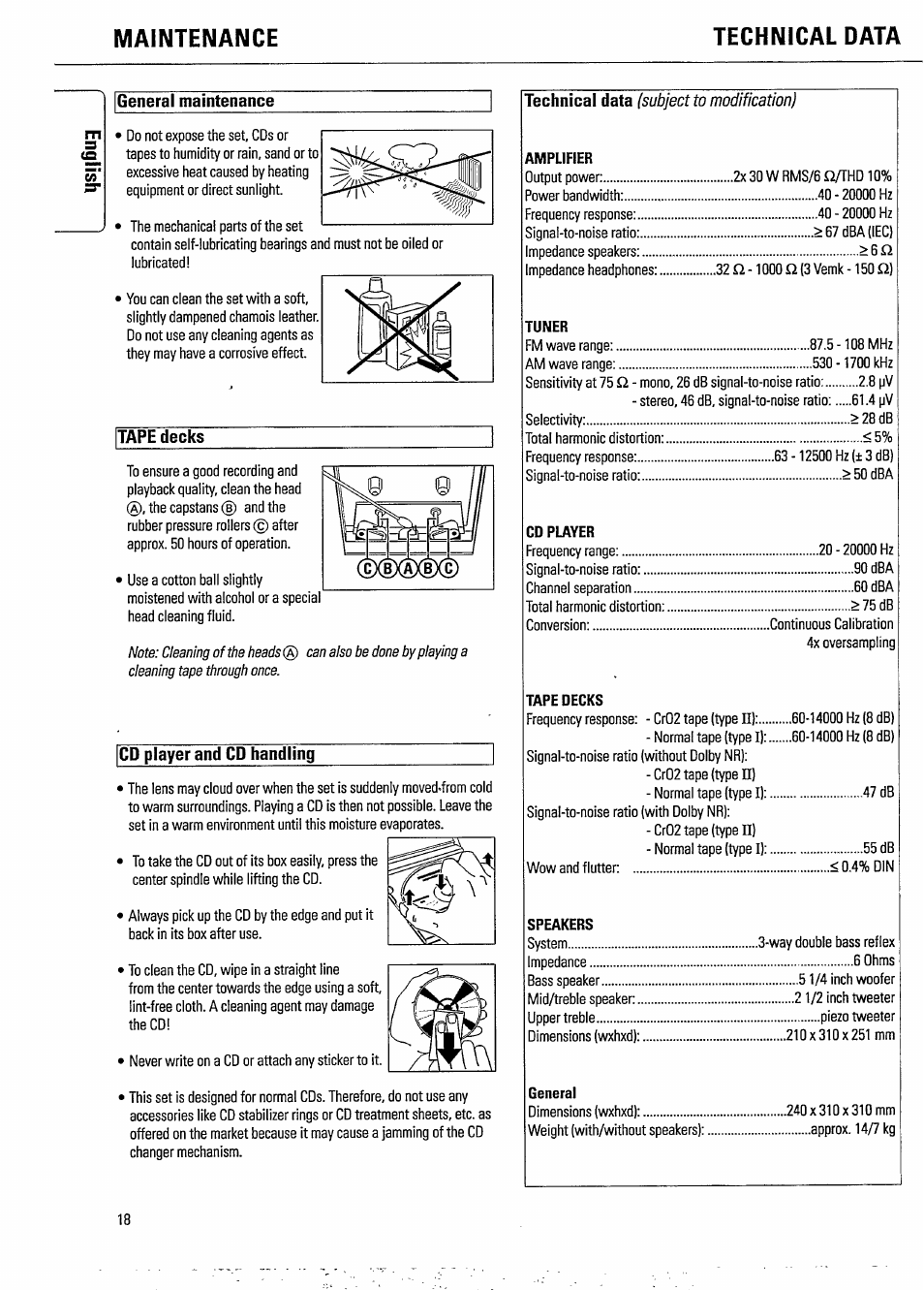 Maintenance, Technical data, General maintenance | Tape decks, Cd player and cd handling, Maintenance technical data, General maintenance m s | Philips FW620C User Manual | Page 18 / 24