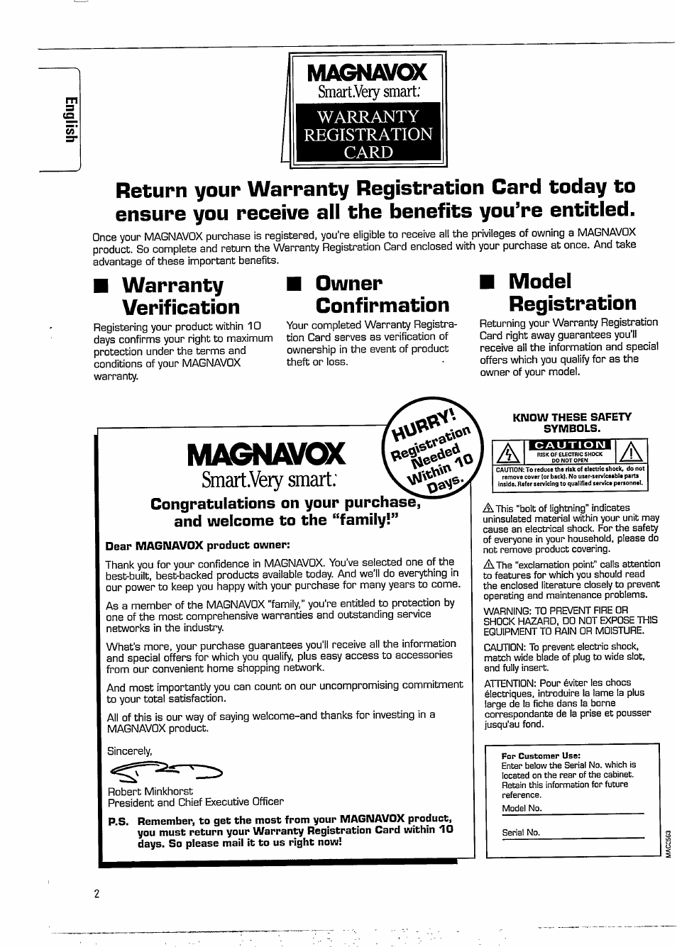 Maonavc, Magnavox, Smart.veiy smart | Warranty verification, Owner confirmation, Model registration | Philips FW620C User Manual | Page 2 / 24