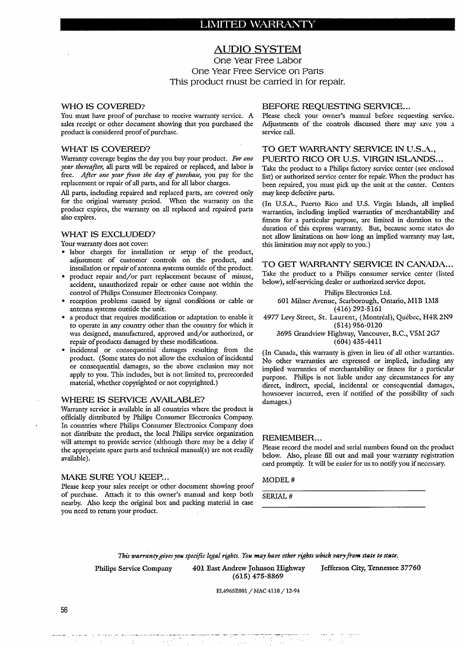 Limited warrainty audio system | Philips FW620C User Manual | Page 20 / 24