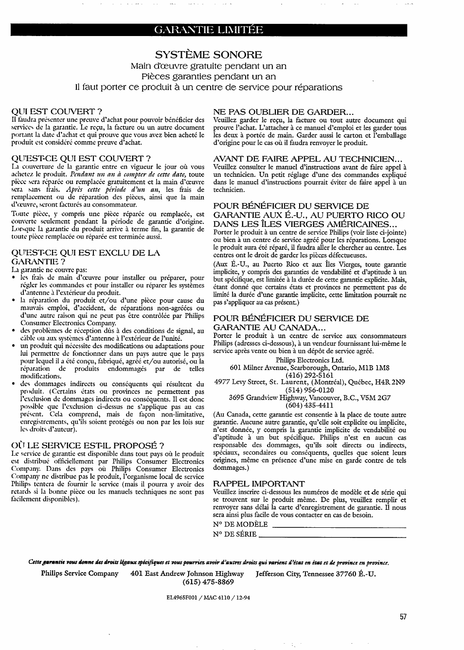 Systeme sonore, Garantie limitee | Philips FW620C User Manual | Page 21 / 24
