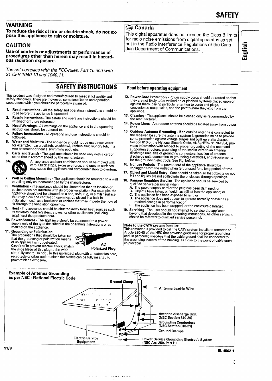 Safety, Warning, Caution | Canada, Safety instructions | Philips FW620C User Manual | Page 3 / 24