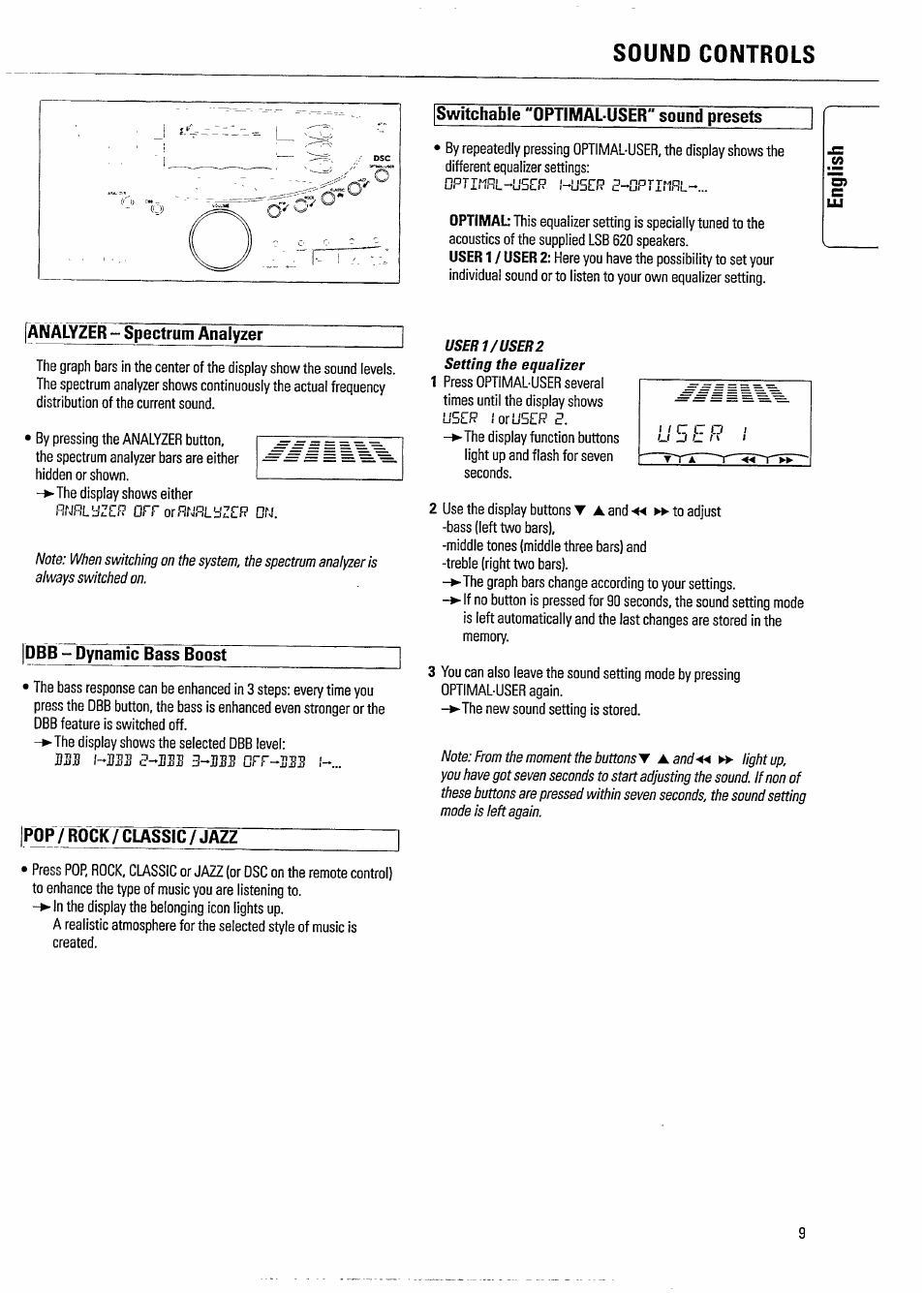 Sound controls, Analyzer - spectrum analyzer, Dbb - dynamic bass boost | Pop/rock/classic/jazz, I'-iss p-iss 3-jiss orr-sss i | Philips FW620C User Manual | Page 9 / 24