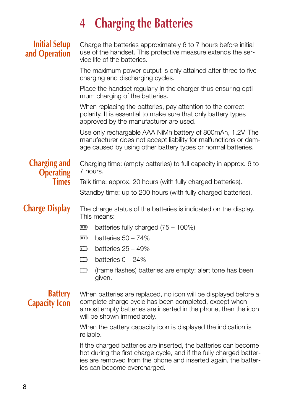 4 charging the batteries, Initial setup and operation, Charging and operating times | Charge display, Battery capacity icon, Charging the batteries | Philips SOPHO iSMobile C244 User Manual | Page 10 / 43