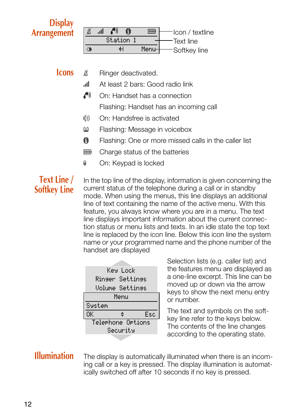 Display arrangement, Icons, Text line / softkey line | Illumination, Display arrangement icons | Philips SOPHO iSMobile C244 User Manual | Page 14 / 43