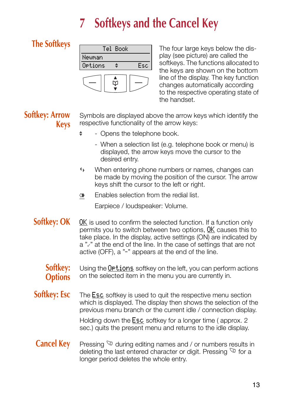 7 softkeys and the cancel key, The softkeys, Softkey: arrow keys | Softkey: ok, Softkey: options, Softkey: esc, Cancel key, Softkeys and the cancel key, The softkeys softkey: arrow keys | Philips SOPHO iSMobile C244 User Manual | Page 15 / 43