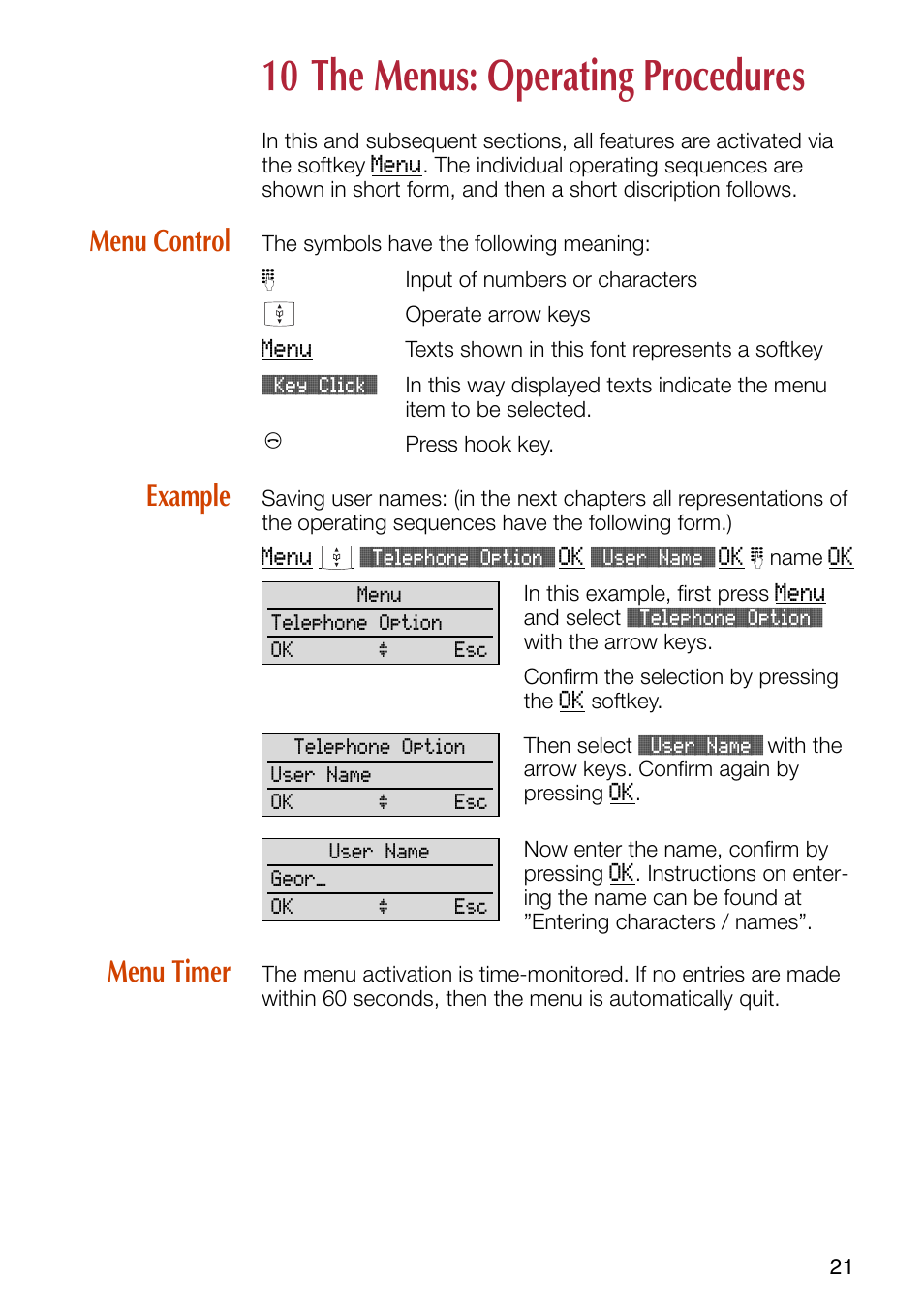 10 the menus: operating procedures, Menu control, Example | Menu timer, 10 the menus: operating procedures . 21, Menu control example menu timer | Philips SOPHO iSMobile C244 User Manual | Page 23 / 43