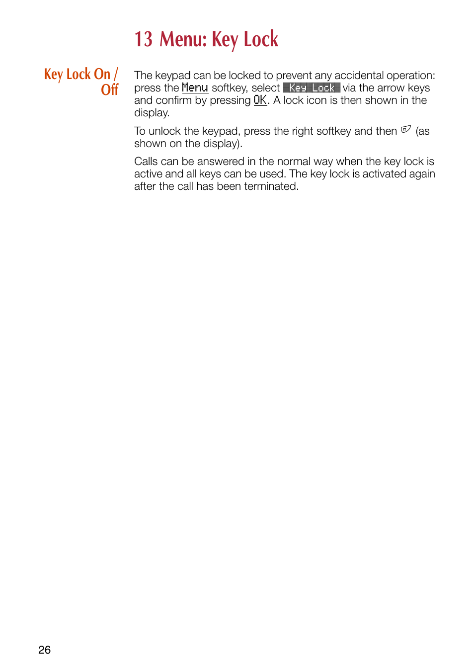 13 menu: key lock, Key lock on / off | Philips SOPHO iSMobile C244 User Manual | Page 28 / 43